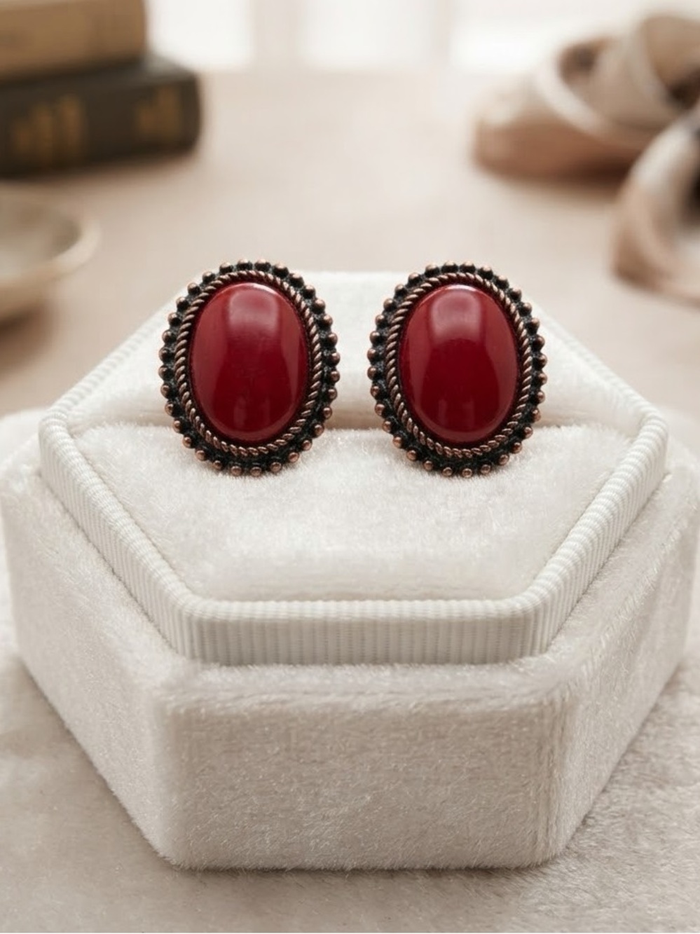 Vintage Red Cabochon Stud Earrings | Oval Red Stone Dark Bronze Ornate Studs